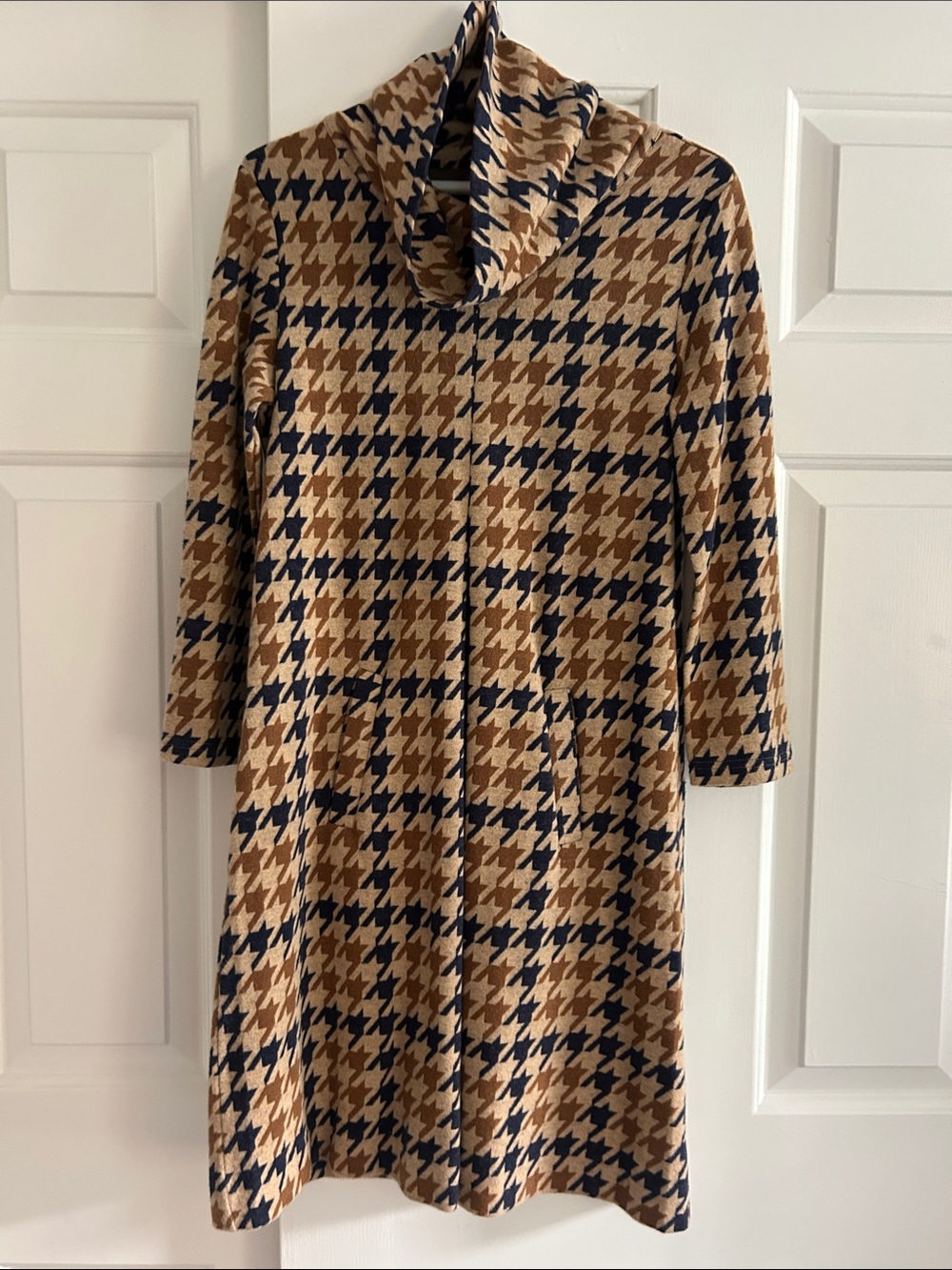 Tyler Boe Camel & Navy Houndstooth Cowl Neck Dress